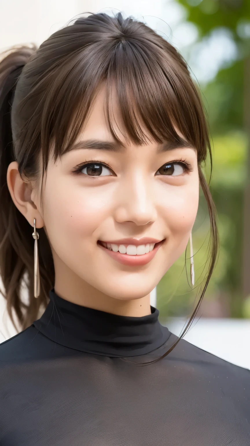 (masterpiece:1.2), (In 8K、Ultra high resolution、ultra high definition、Ultra High Definition、超Realisticな、Best Quality), (realistic - photo ), high definition RAW color photo, professional photo, Natural sunlight, Soft Shadows, (Realistic:1.3), A 30-year-old woman、1 person, Perfect Anatomy, poster quality, (high definition face and skin texture, Shiny Skin, Oily skin, Strong gloss), (brown skin:1.2), (big eyes:1.2), (face close-up on background:1.5), Volumetric lighting, (No makeup:1.2), Smiling, (She、Smiling), stare at the viewer, (glares at viewers), Detailed eyes, Dark Eyes, ( shining eyes), (Long long、Eyelashes), hot button, (ponytail), tied hair , (hair ornament), (黒色のhair ornament), hair accessory, Silver hair band, silver earrings, Silver Necklaces, anatomically accurate neck, natural short neck, Natural neck, (Her big bust、droopy:1.3), anatomically accurate breasts, Huge Breasts, saggy breasts, deep cleavage, white blouson, silver high neck,red long sleeve tailored jacket, blue inner, purple shirt