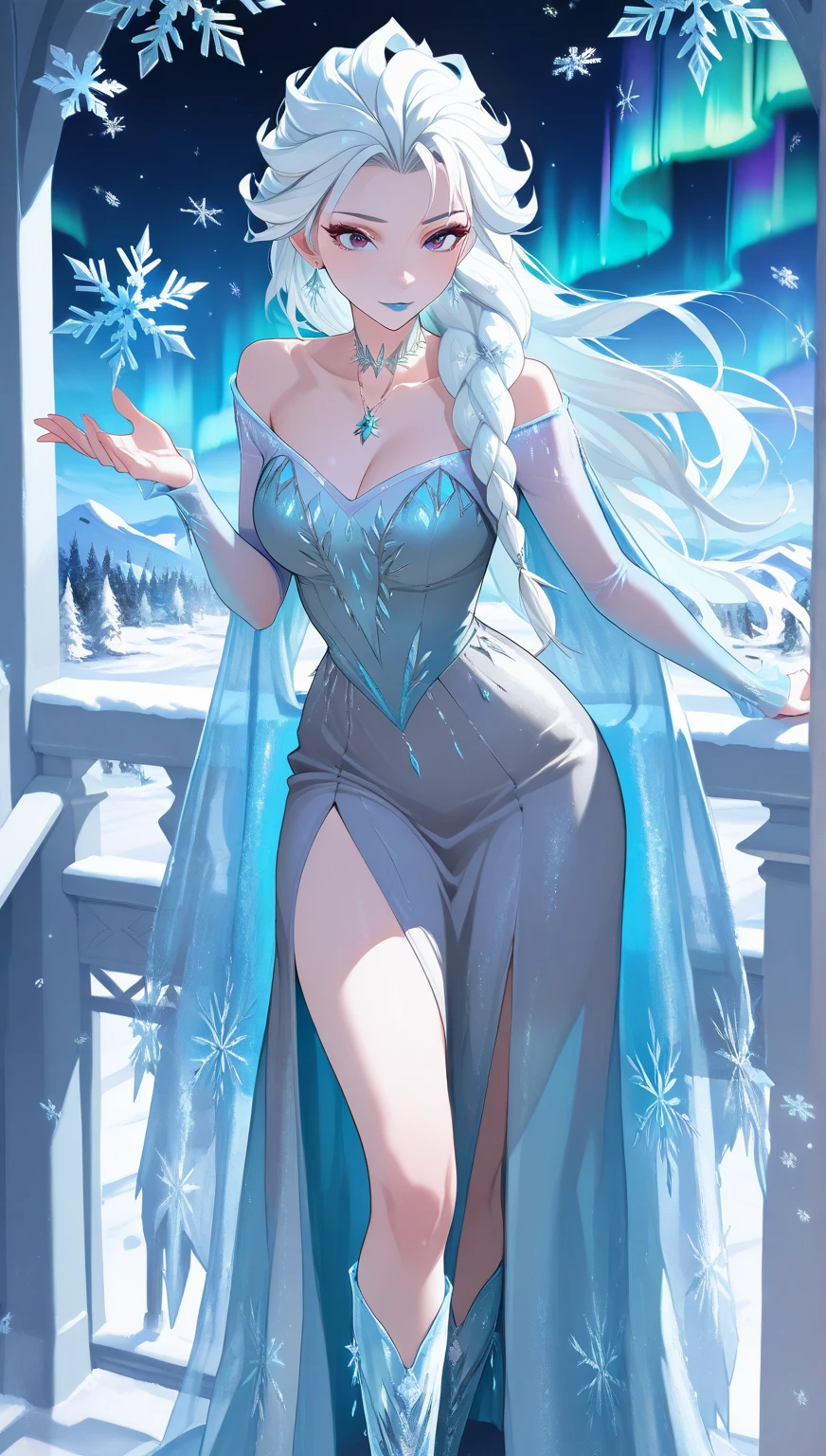masterpiece, best quality, very aesthetic, absurdres, 1girl, mature_lady,white_dress,(cum_on_body:1.2),,elsa_(frozen), frozen_(disney), 1girl, blonde_hair, blue_eyes, braid, medium_breasts, single_braid, earrings, snowflake_earrings, eyeshadow, makeup, long_hair, very_long_hair,,in space,surrounding by flowers,falling_petals, petals,,