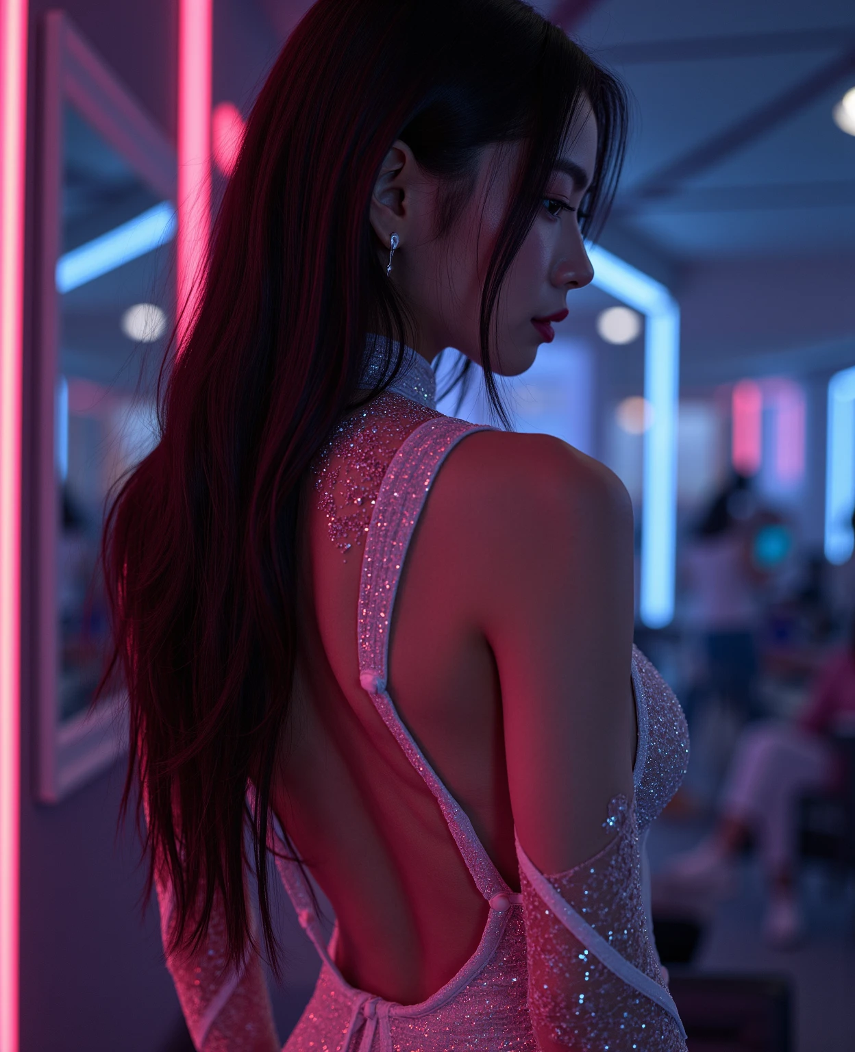 , watch the viewer, real, one girl, small face, , cowboy shot, (fisheye), narrow and dirty room, cotton panties, Japan old red light district, (((prostitute)), ((night)),