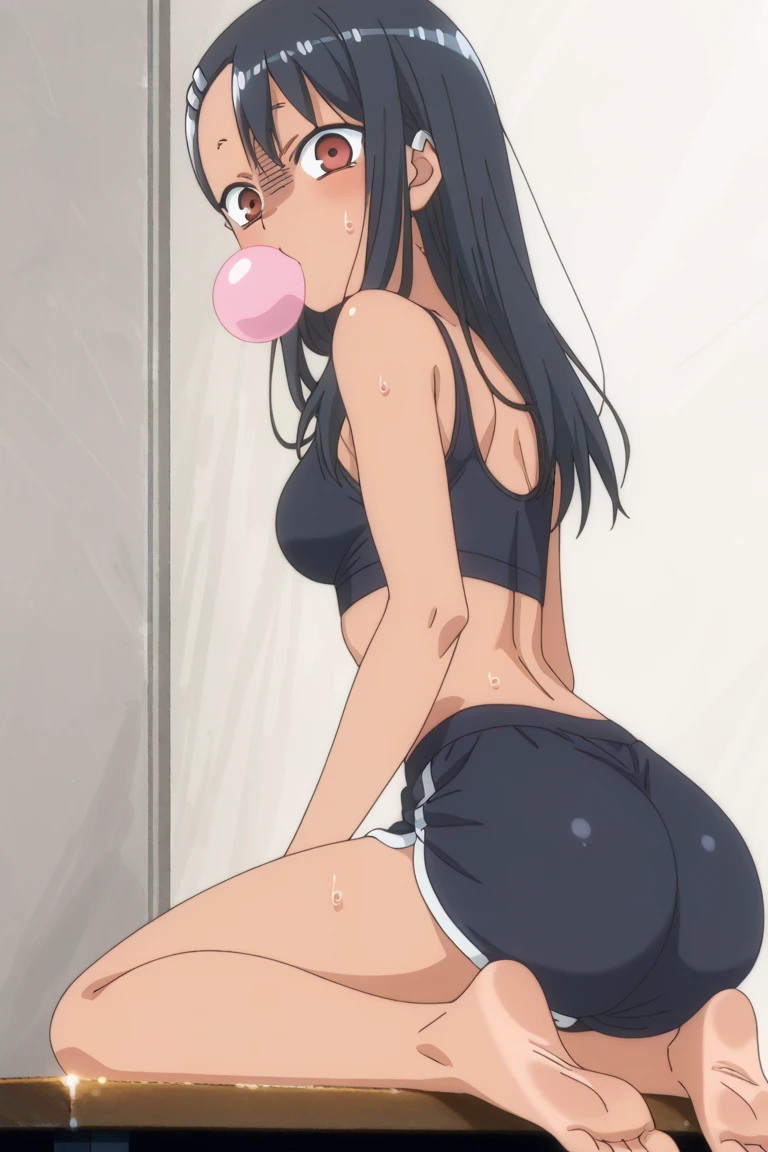 Cute neice, black hair, pig tails hail, mini laced crop top off shoulder, on knees, leaning forward,  bending over, arching back, side view fellatio, perky round ass