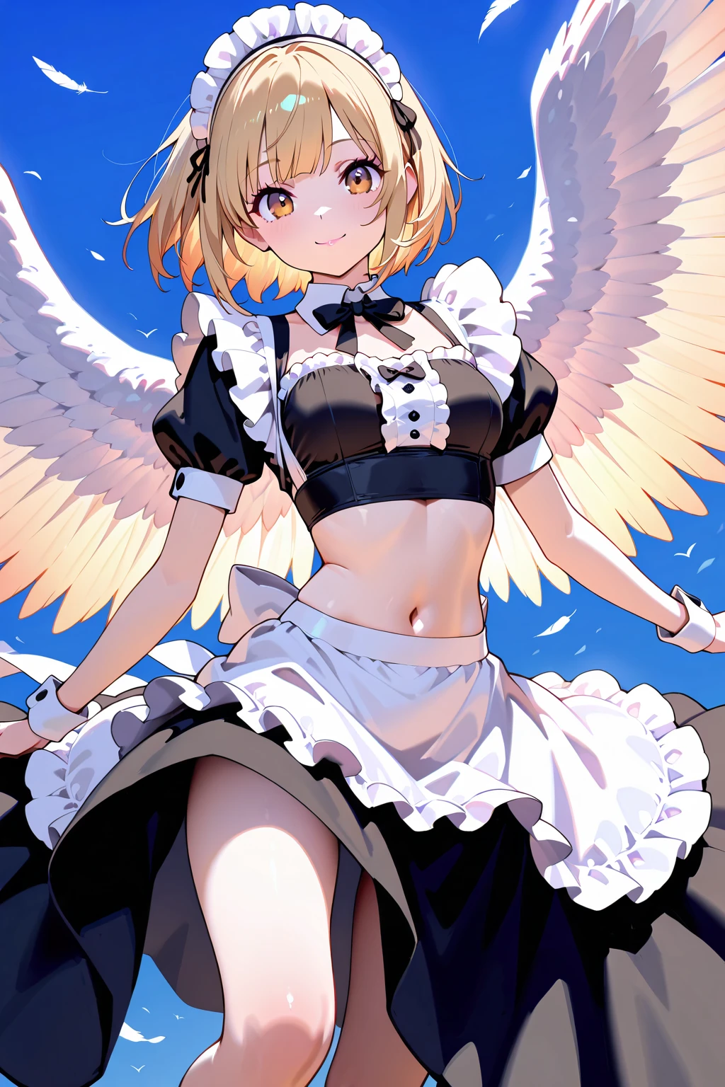 Best picture quality,magnifica,touhou character,Eastern Project,Western,Red pleated dress with short white sleeves,Yellow neckline,Wings with colored crystals,Yellow hair,Delicate skin,Lori huge breasts cleavage,