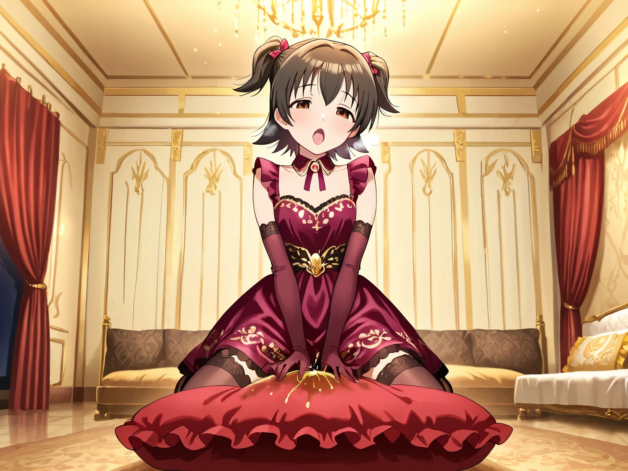(score_9:0.9),score_8_up,score_7_up,negative_hand, realistic,Akagi_Miria_Cinderella, short hair, black hair, brown eyes, two side up, hair between eyes , lovely small breasts , alice dress, alice in wonderland dress, over elbow glove, satin, 1girl, solo, nsfw, full body, whole body view, open mouth, indoors, luxury room, pillow, frilled pillow, (((dark brown satin pillow))), lace pillow, euro patterned pillow, luxury pattern, Pillow on the floor, many large pillows on everywhere, canopy, large pillow, giant pillow, oversize pillow, pile of pillows at the background, pile of pillows on the floor, many pillows on everywhere, pillow sex, pillow, humping, (((kneeling))), straddling, grinding, standing with riding on the pillow, on pillow, pillow straddling, pillow grinding, crotch rub, pile of pillow at the background, many pillow on everywhere, cumming on pillow, heavy breathing, wetting pillow, anime screencap, anime source, vagina, (((rubbing vagina on the pillow))), peeing on pillow, open mouth, heavy breathing, Melting pleasure, Ahegao, looking down, urine stain on pillow, urine on pillow, gripped the pillow until it tore, pee, peeing, urine, pissing on pillow, pee on pillow, wetting pillow, pillow on between legs, riding pillow, rubbing crotch on pillow, crotch on pillow, pillow sandwiched between both legs, riding pillow, square pillow, euro pillow, masturbation on the frilled pillow, anime source, anime screencap, base on anime,