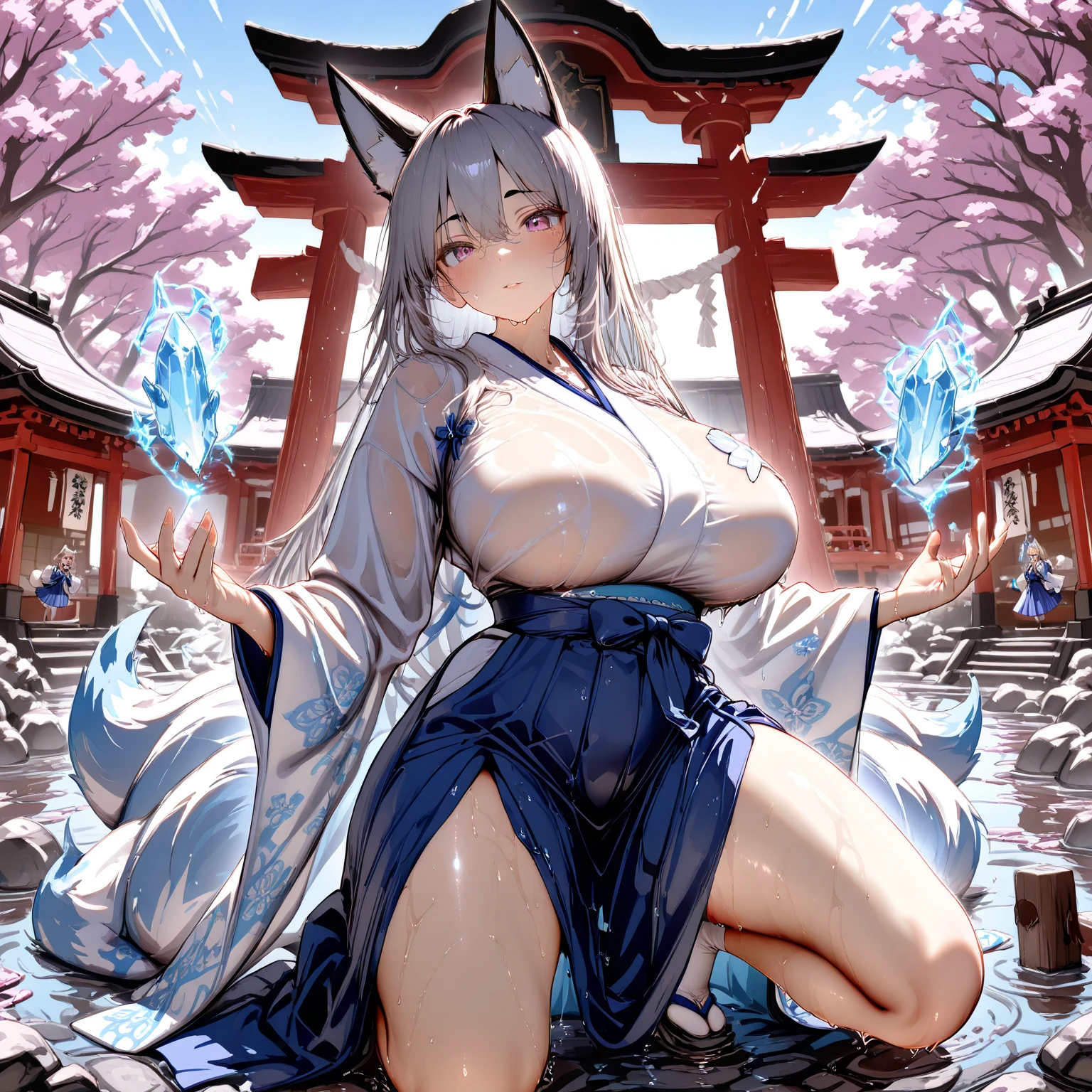 (((masterpiece, best quality))), (((superior quality))), cute girl, ((extremely detailed girl)), ((huge breasts)), fox ear, yukata, (bare shoulders), strapless top, random expression