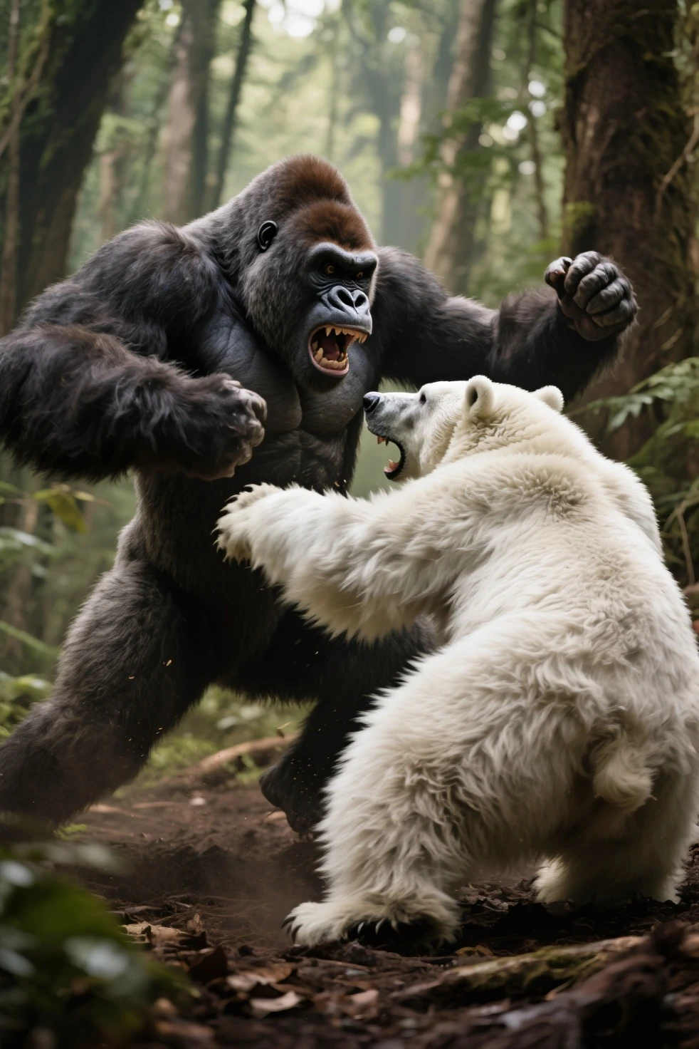 polar bear from the front fighting a gorilla in the forest