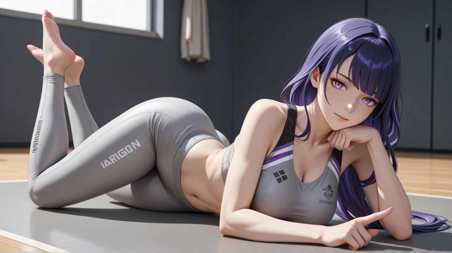 Girl with long purple hair slim, cuteface, little chest, in sweatpants and bra, on all fours, ass