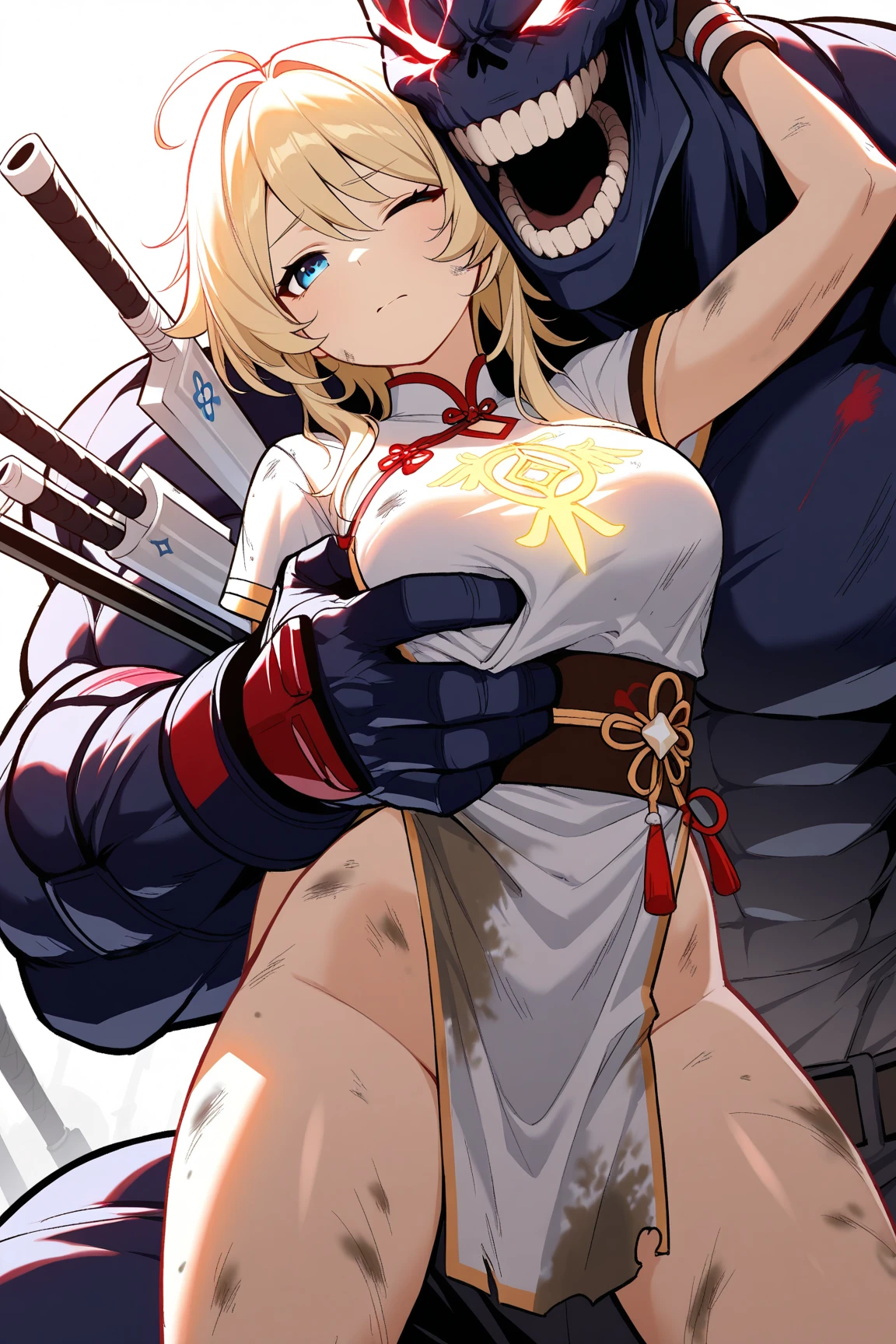 {nsfw:1.5}}},{{{nude:1.5}}},One girl,18-year-old,Excellent anatomy, masterpiece, Highest quality,Realistic, hyperRealistic, 16k hdr,(Metal collar,Cleavage,damaged body,Sweat,Beautiful Face,Mature Woman,Muscular Paladin,Torn Costume,Arm guard,Leg guards,Pauldrons,Body in chains:1.2),(blush,anger:1.2),(Whip marks on body and legs:1.7),Fantasy World,Outdoor,village,blue sky,(Surrounded by many vicious horny goblins,Holding a whip:1.3),(Old wooden cross with scary decoration:1.3),(Crucifixion,Spread the word_arms,Tie your arms:1.5),
