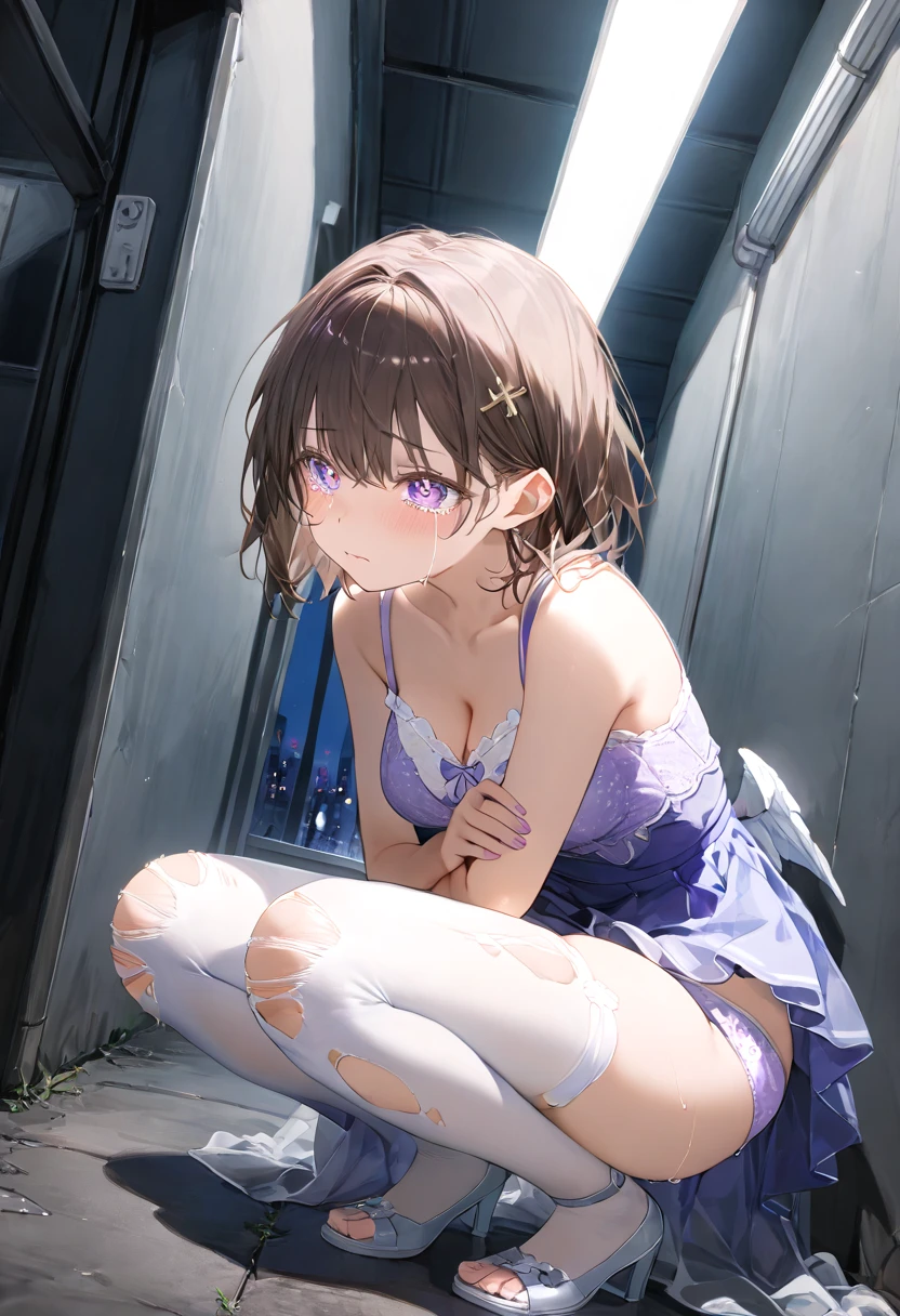 1girl, original, (solo:1.1), hand up, raised fist, (electricity), electricity on bracelet, henshin, looking at viewer, athletic, blue eyes, bracelet, serious, determined, open mouth, v-shaped eyebrows, shouting, glowing lines, purple sundress, sleeveless, spaghetti strap,  (torn clothes:1.2), (torn dress:1.2), (exploding clothes:1.2), groin, thighs, battlefield,  day, noon, cinematic angle, cinematic lighting, dot nose, (anime coloring:1.0), recent, masterpiece, best quality, absurdres, very aesthetic, detailed <lora:Detailer_NoobAI_Incrs_v1:1>    <lora:Maya-Hirukawa-NoobXL-2:1.0> <lora:illustrious_noobai_epsilon_pred_11_very_aesthetic_v1:1.0>