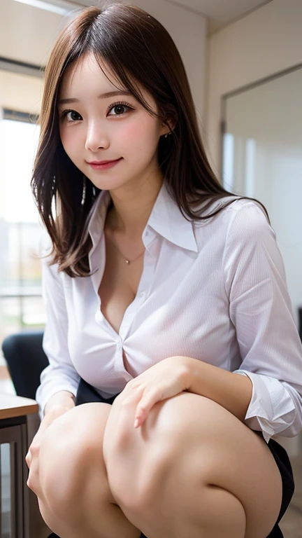 ((1 girl)), Very beautiful Japanese idol portraits, (RAW Photos, highest quality), (Realistic, Realistic:1.4), (masterpiece), Very delicate and beautiful, Very detailed, 2k wallpaper, wonderful, finely, Very detailed CG Unity 8K 壁紙, Very detailed, High resolution, Soft Light, Beautiful detailed girl, Very detailed目と顔, Beautiful and detailed nose, finelyて美しい目, Cinema Lighting, (Simple light color background:1.3), (Long Hair), (Parted bangs), Complete Anatomy, Slender body, Small breasts, smile, ((Full body shot)), ((banker)), (business suit),(Panty lines),Sexy pose,Vibrant,((secretary)),Slender,Long legs,