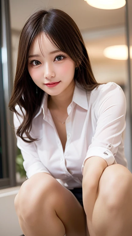 masterpiece, best quality, ultra-detailed, intricately detailed hyperdetailed, realistic, sharp features, highly detailed, sharp focus, Realistic, Photorealistic:1.3, (19 years old:1.3), perfect face, perfect symmetrically eyes, perfect full lips, hyper detailed, hyper realistic, high resolution, Fashion Model, Japanese Idol, Slender, brown hair, Stylish, Beautiful Face, light brown hair, messy hair, Beautiful hairstyle, (seductive smile:1.2), (white dress shirt:1.3), (black panties), (kneeling), Bed, (looking at viewer), upper body, (high angle shot), cinematic lighting, blurred background, (from below, white ceiling, thigh focus:1.2), (straddling1.1), 