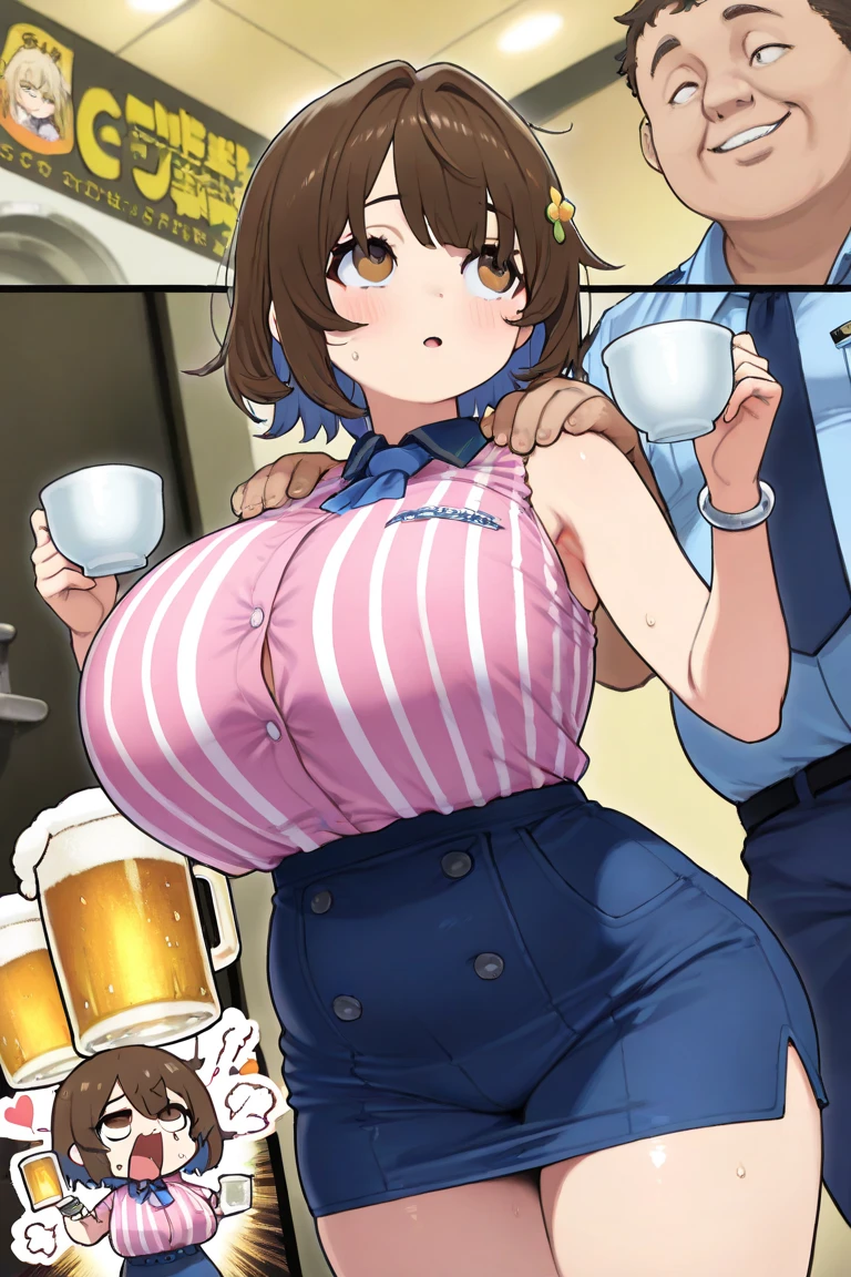 Score_9, score_8_up, score_7_up, score_6_up, score_5_up, score_4_up, source_anime, 2girls, cute student, young female, sagging gigantic huge breasts, wide hips, thick thighs, huge areolae, areola slip, black areolae, dark areolae, milk, cashier counter, pov, detailed eyes, brown eyes, looking at viewer, crowded, in milk shop, sleeveless, apron uniform, staff visor, embarrassing smile, collarbone, head tilt, very hairy stomach hair, showing armpit, hairy armpit hair, bukkake, sperm on armpit, cum shot on armpit, sperm, penis, Japanese, hentai, hand behind the head, breast milking machine, upper body only,