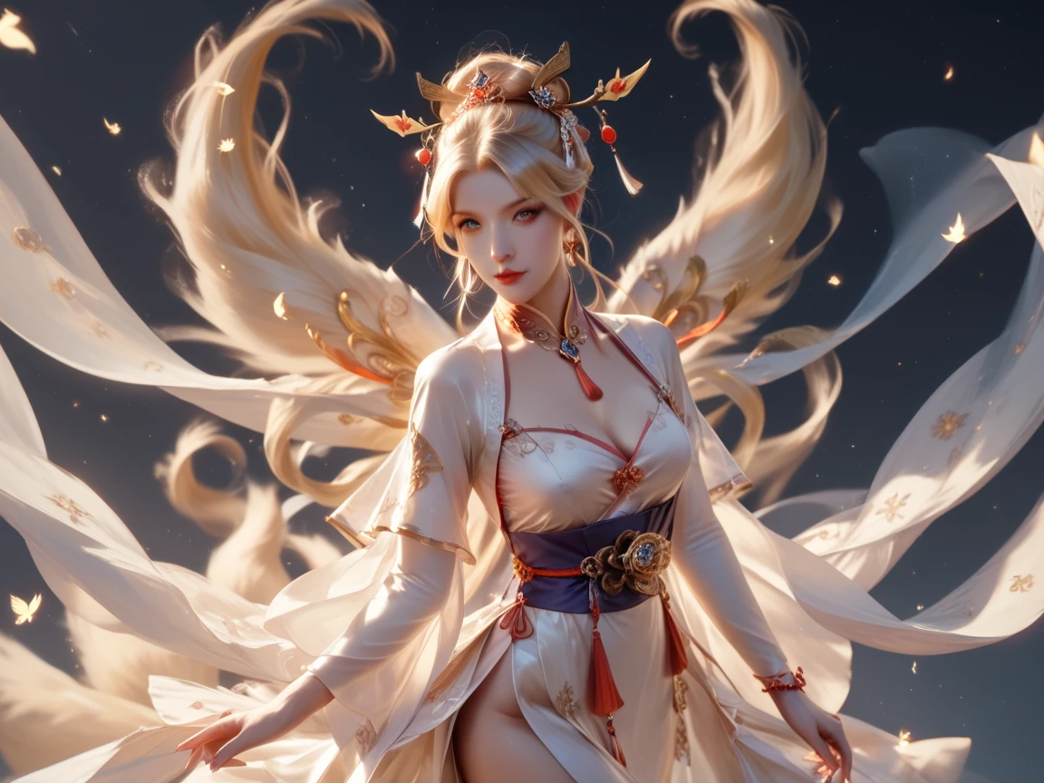of a white dress，Colorful woman with super long hair, Colorful Hanfu, Off-the-shoulder attire，Exposed cleavage，Expose the collarbone，huge tit，realskin，realisticlying，lion dance，Practice martial arts，Sword dance，Siamese white tights，No shoes，Top image quality，Mechanism light and shadow，Bokeh，