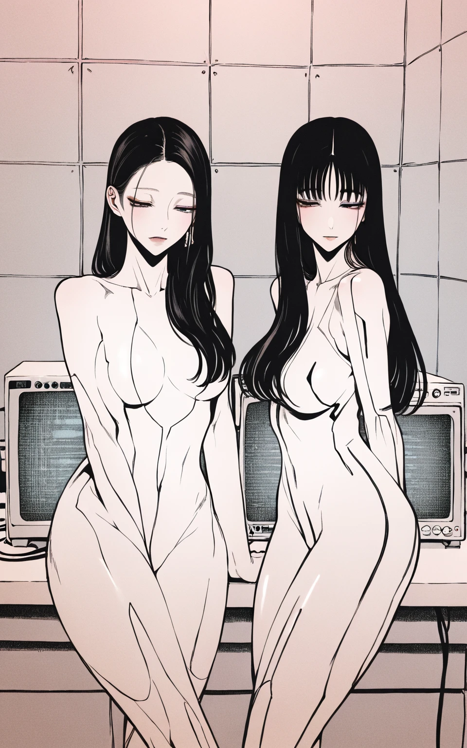 ((1woman, pale, slim, slender)), standing. ((black:1.2 long straight hair, hair bangs, dark blue eyes, cheek mole)). ((naked, topless , breasts, large breasts, nipples, pussy, pubic hair)). (character design sheet, same character, front, side, back) (detailed), (masterpiece), (realistic), (anatomically correct), (best quality)