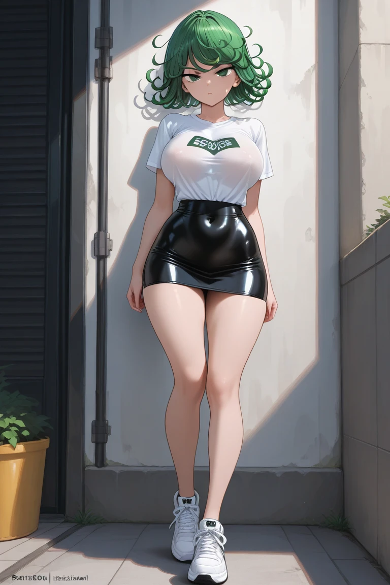 1 girl, green hair, short hair, big lips, green eyes, huge breasts, blush, blush on nose, open abdomen, focused portrait, horrible thighs, high thighs, wide hips, narrow waist , hourglass figure, silly, sexy pose, dynamic pose,, background, standing, cowboy shot, crop top, underboob, centered portrait, thick thighs, emo girl, tank top, plaid pleated skirt, anime, garter belt, panty hose, thick thighs, wide hips, narrow waist, hourglass figure, bimbo, one foot up, armpits