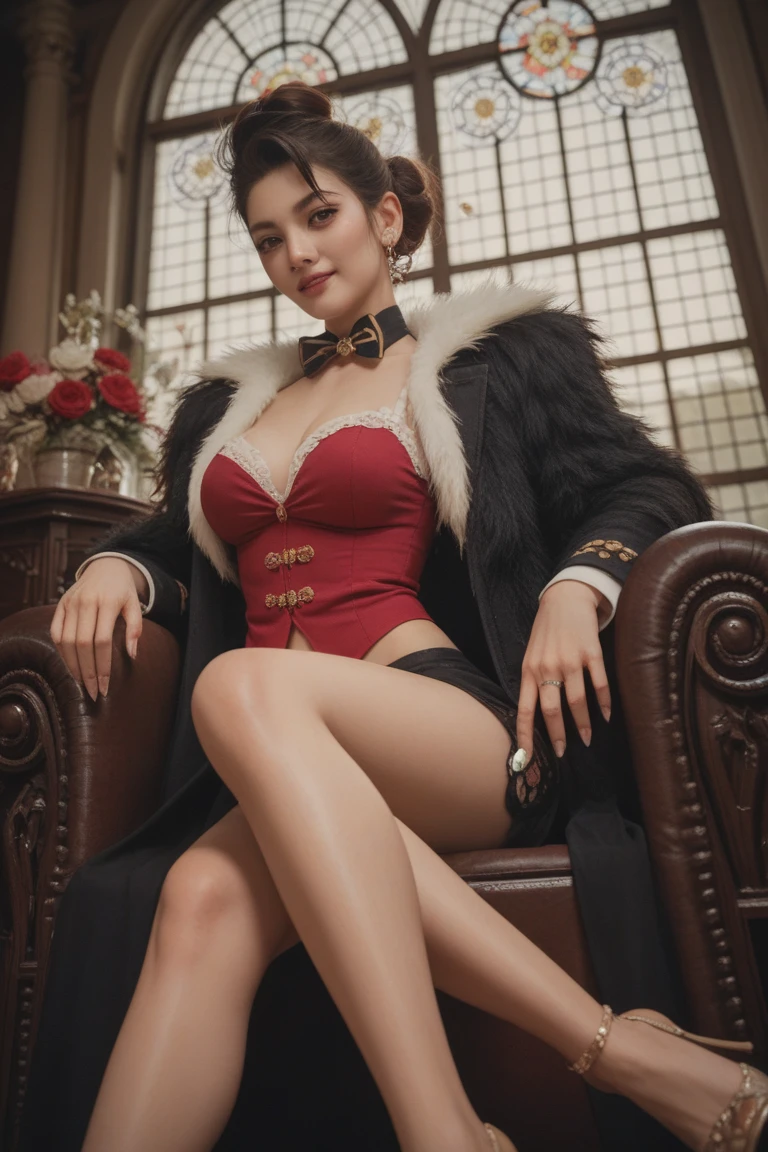 masutepiece, Best Quality, deborah, Hair Flower, Featherboa, Pink dress, Belt bag, high-heels, furrowed brow, mansion, red velvet, Fancy chair, Sitting, Looking at Viewer, Smile, From below
