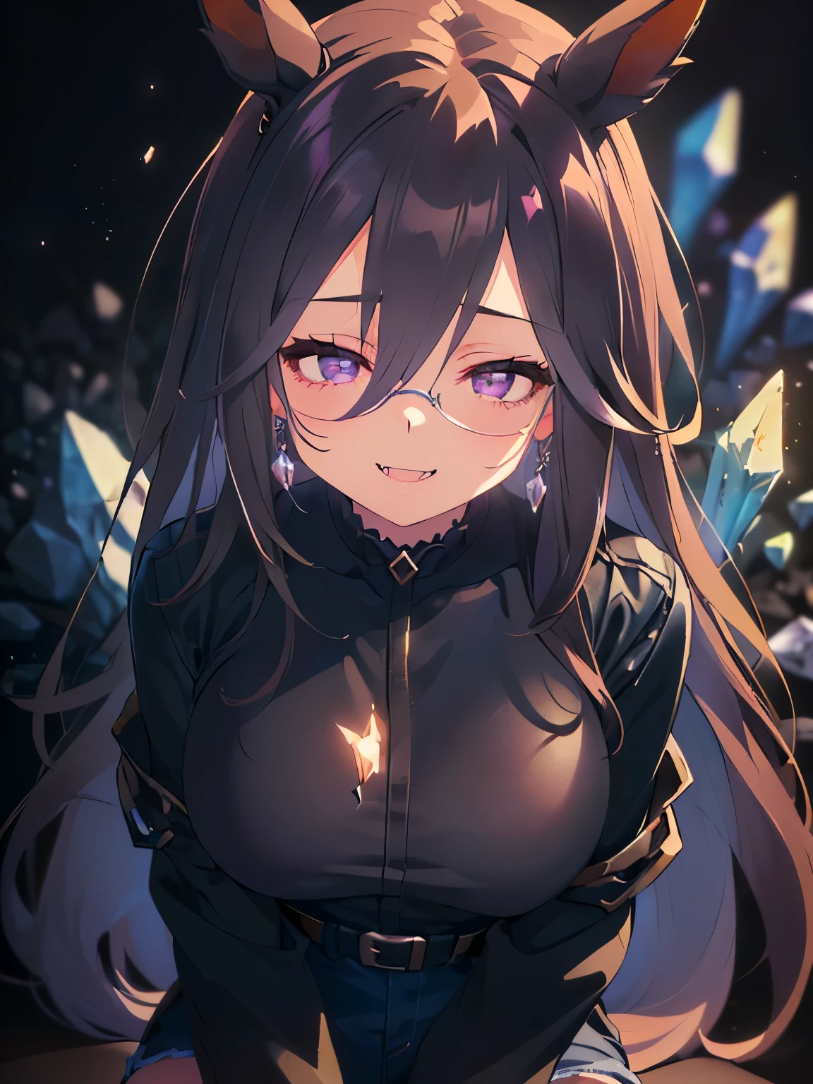 (Dark background, Solo, Girl, Horse ears, No ears, Ears covered, Big breasts, Black hair, Very long hair. Dark purple eyes. Blushed cheeks, Arms folded behind head. Sitting free, looking up with fangs bared, smiling savagely. Casual clothing, Black pantyhose, Black long sleeve jacket, Denim shorts. Dark background, Crystal world background, Crystal ground background, Shattered crystal background, 2D anime illustration, Upper body shot, Masterpiece, Best quality, Top rated, Depth of field: 1.5)