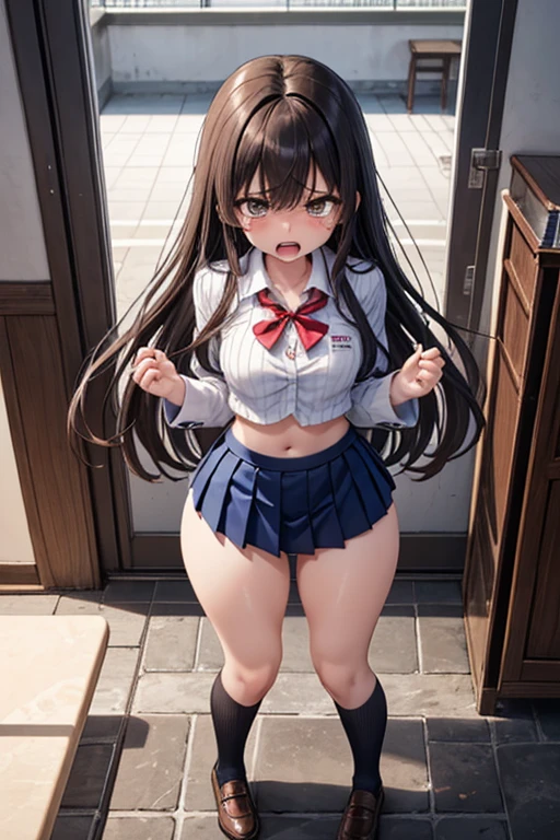 (((masterpiece, Highest quality, High resolution, 超High resolution, Perfect Pixel, Depth of written boundary, 4K, RTTX 10.0))), Beautiful Anime Woman, Beautiful art style, Anime characters, ((Smooth texture, Realistic texture, Anime CG Style)), Exact finger count、Exact number of legs、(Exact number of arms:1.0, Exact number of hands:1.0), (Perfect hands, Perfect Anatomy), Cinematic, Realistic, Extremely detailed CG, Daytime lighting, Perfect lighting, Best Shadow, The best natural light, whole body, Perfect body, バランのとれたPerfect body, Perfectly balanced style, Slender body, ((Long Hair, bangs, Reddish brown hair, Twin tail hairstyle)), ((A cute adult woman is walking around lifting her skirt to show her panties:1.8)), ((Sailor suit tops, Sailor collar, White shirt, Navy pleated mini skirt:1.3), (Sexy and cute white panties 1.3), (Stylish shiny white satin panties, Side-tie panties, Panties with plain white center and lace decoration on the sides:1.3), (Thin panties with red ribbon:1.3), (Knee-high socks:1.3):1.3), (Beautiful big , Big breasts and shirt snapping:1.1), (Embarrassed expression:1.5), blush, (Cityscape, Cityscape of buildings, Sidewalk:1.3), Angle from below front