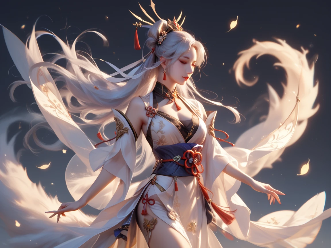 Genshin style,quadratic element,goddes,starryskybackground,White clothes,White hair,the detail,Hanfu,As estrelas,silber hair,The barefoot