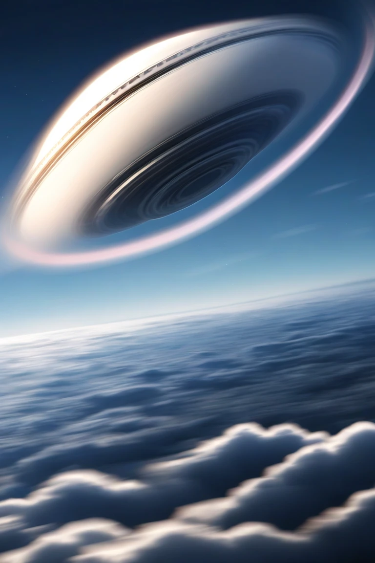 UFO moving at the speed of light, pale particle light, Background:sea of clouds((motion blur:1.6、Backgroundぼかし)), Supreme Masterpiece、4ｋ