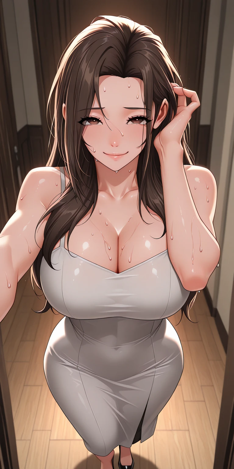 Mom with 4 daughtes, mature women,realistic skin,perfect ,black hair, long hair, (hair over one eye:1.4), messy hair, hair between eyes, chubby,plump,fat, Sexy lips, pucker lips,cute shy blush on,on the garden