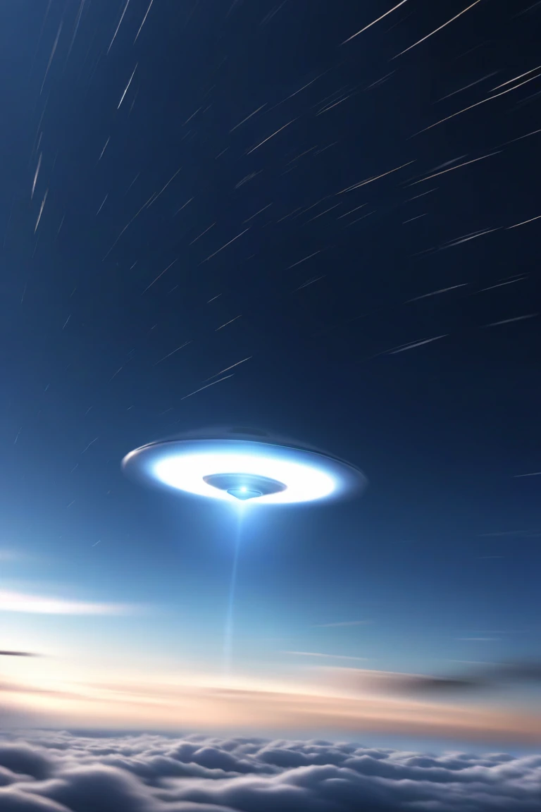 UFO moving at the speed of light, pale particle light, Background:sea of clouds((motion blur:1.6、Backgroundぼかし)), Supreme Masterpiece、4ｋ