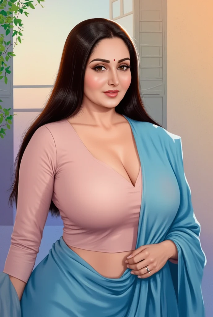 a very beautiful Indian milf wearing saree sitting on the bench in the park, mature female, (cleavage:0.9), smile, (wavy hair:0.8), (fully clothed:1.3), (thick thighs:0.5), (wide hips:0.7), professional photo, sexy body
