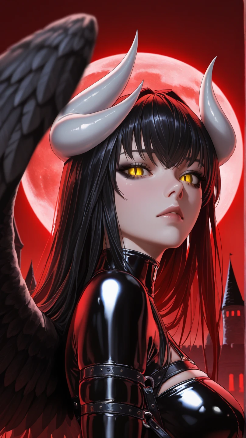 score_9, score_8_up, score_7_up, score_6_up, score_5_up, score_4_up,source_anime, source_furry,rating_safe, BREAK ,1girl\((red skin ogre\(horn\)),no clothes, long black hair, red slit eyes, long eyelashes,black trench coat\(long,(black:1.5)\), tanned skin, hands in pockets, lethargic face, dark circles under her eyes\) is looking down at viewer, many black feathers in the sky,golden hour,(very dark night:1.3),no light,(from below:0.5)