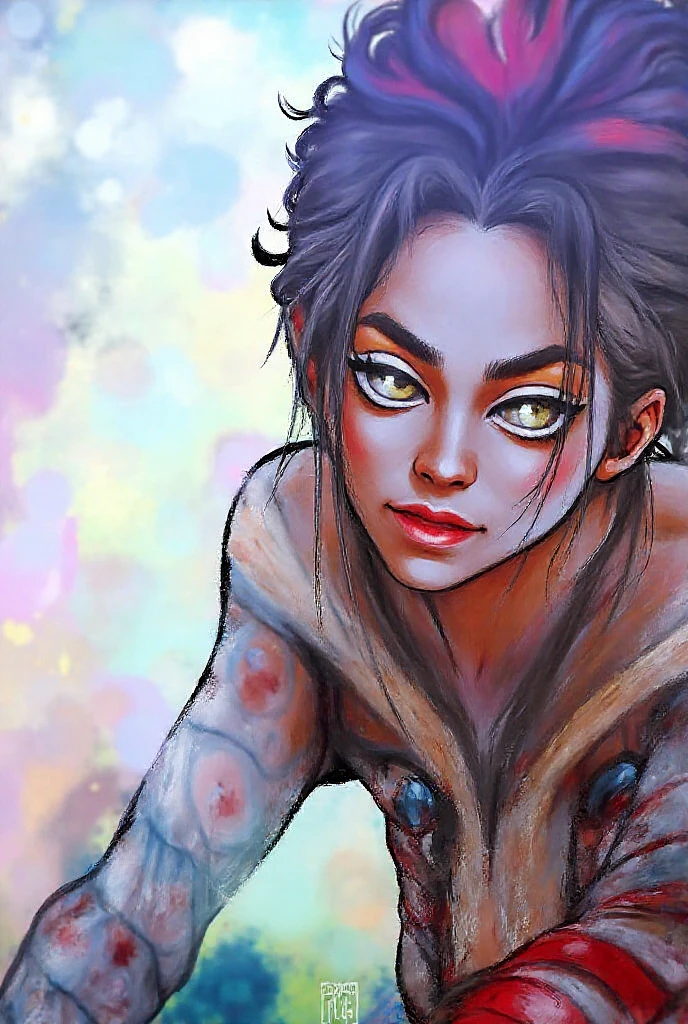 (masterpiece:1.2), (best quality:1.2), perfect eyes, perfect face, perfect lighting, 1girl, mature barbarian woman, close-up portrait, long messy black hair, pompadour cut, moles, blue eyes, slicked back hair, (((warpaint, face paint))), unimpressed, arched eyebrow, fantasy, detailed snowy outfoor outdoor background, thick eyelashes <lora:warPaint_warPaint:1>