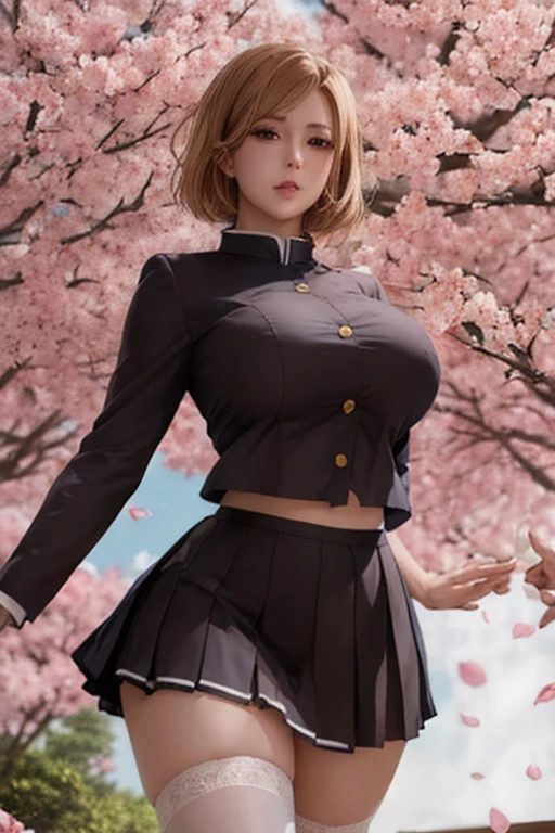 (best quality,4k,8k,highres,masterpiece:1.2),ultr
a-detailed,realistic,photorealistic:1.37,detailed
eyes,beautiful detailed lips, pale, nobara kugisaki from jujutsu kaisen wearing dark blue dress, perfect figure, attractive rounded breasts, smiling, puffy lips, posing in sunshine, outdoor ,dark blue dress, cherry blossom trees, green trees, sakura falling, in the park, short 2 block light brown haired girl