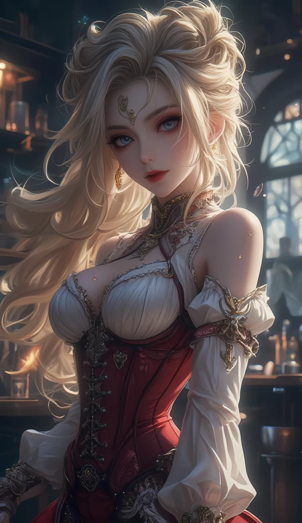 Mulher que lembra a Ciri de The Wicther, com longos cabelos brancos e olhos esverdeados brilhantes, she's wearing a red suit, seus cabelos chicoteando seu rosto com o vento, ao fundo uma cena noturna