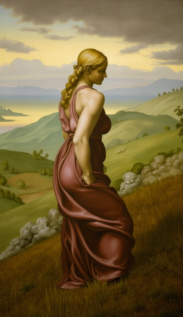 sensual woman, with completely white skin, with light blue eyes, with straight, copper-colored hair, totally naked, walking through the steep hills, under a stormy sunset, under a light blue light, painted by Sandro Botticelli 