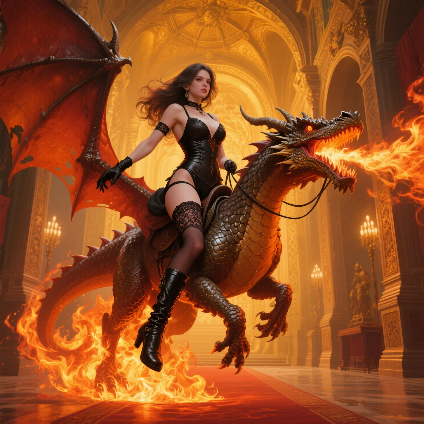 Professional , ​masterpiece、top-quality、photos realistic , depth of fields 、（Dragon Red Metal Body:1.９),(Enamel Red、（cleavage of the breast）、Dragon Gold Weapon、（Red Micro Bikini Armor:1.４),Gorgeous gold weapons ,(Riding a Demon Beast),（（ Dragon's dense and gorgeous sword）） , （demonic wings）、（（a blond））、（Castle background）、（（Gangle's forest background））、（（Fight dragons））、Beautiful Caucasian beauty、１a person、dynamic ungle,(((Detailed and ornate dragon helmet)))、Smaller head、A smile、Castle background、Thin and beautiful female hands、cleavage of the breast、Soldier in iron armor on background、Mystical expression、Light Effects、intense fighting、Wind-effect、magic circles、With the legendary magic wand、Dragon's tail、explosions、Anatomically correct body、