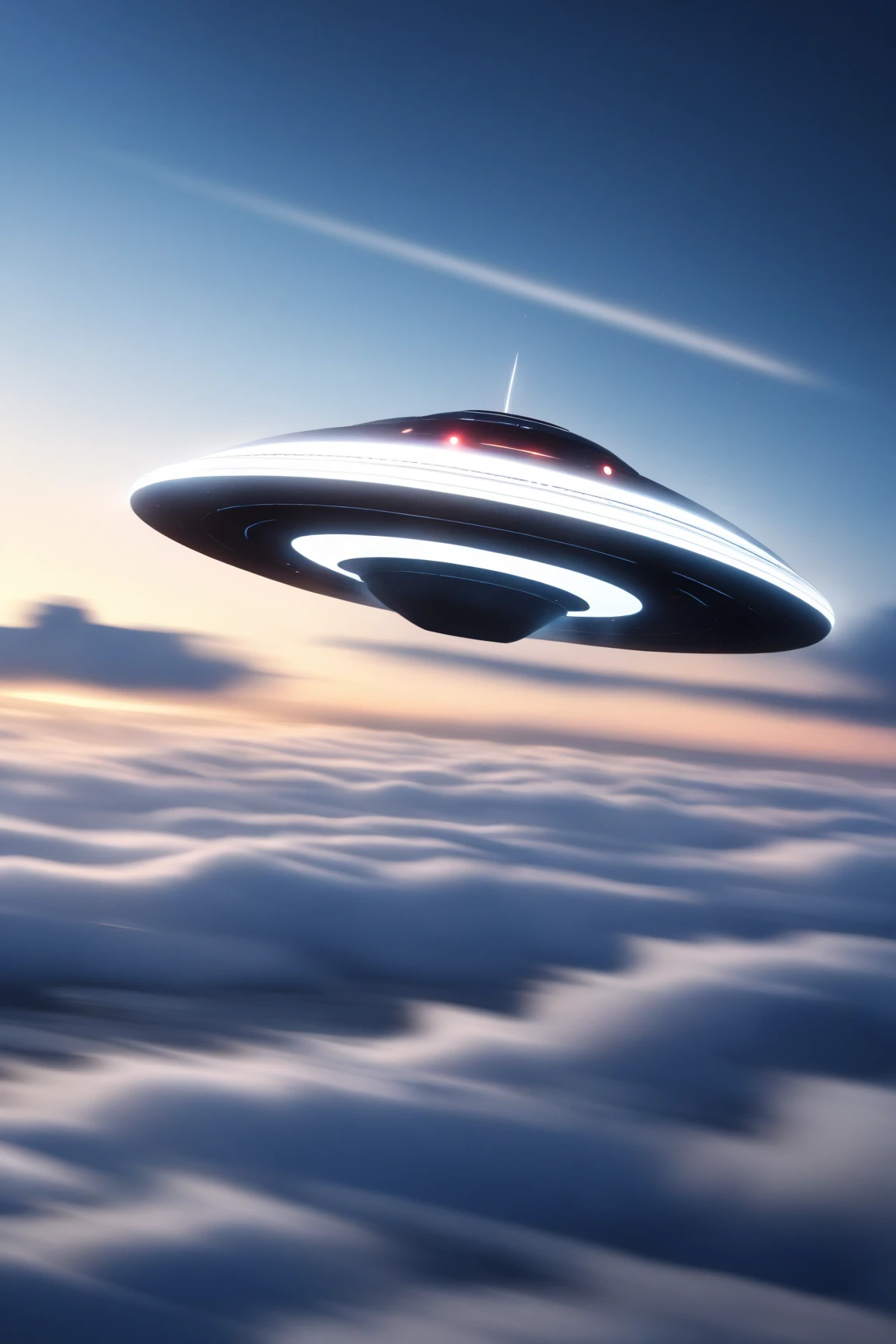 UFO moving at the speed of light, pale particle light, Background:sea of clouds((motion blur:1.6、Backgroundぼかし)), Supreme Masterpiece、4ｋ