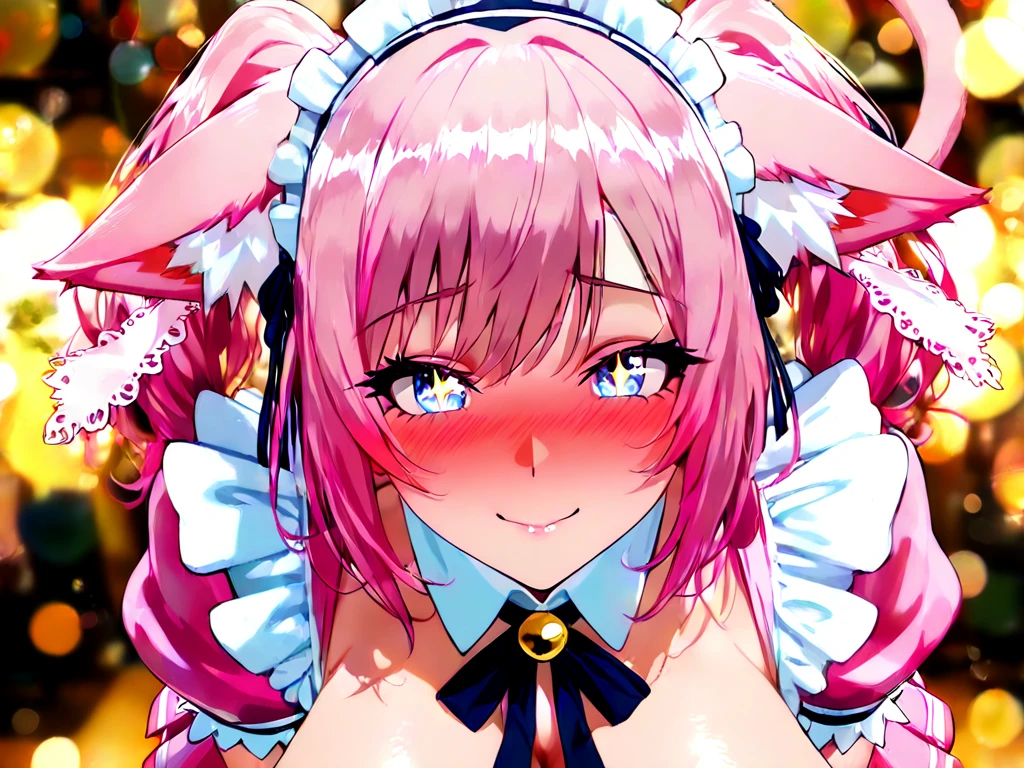 Tender girl with pink hair and very chubby bunny ears with big breasts and light blue eyes who is about to lick a penis of a man who is next to her