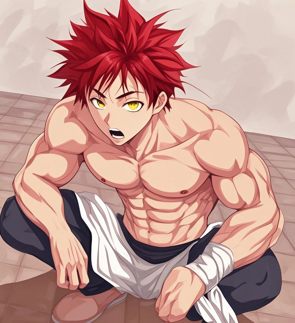 horikoshi kouhei, absurdres, Eijiro Kirishima, red hair, boku no hero academia, chama kou, highres, looking away, male focus, muscular, red eyes, short hair, spiked hair, 8k quality, beach, (Eijiro Kirishima, detailed eyes, detailed face, (((full body))), (((from side))), visible foot, barefoot, (((very long up penis semen dripping))), (((nude))), (((hands on hips))), (((standing on the ground))), red hair, red eyes, ((light smile)), looking at viewer, embarrassed, blush, showing off muscles, masterpiece, best quality, male focus, upper body, handsome, male, gay, smooth and sharp focus, Wet body.