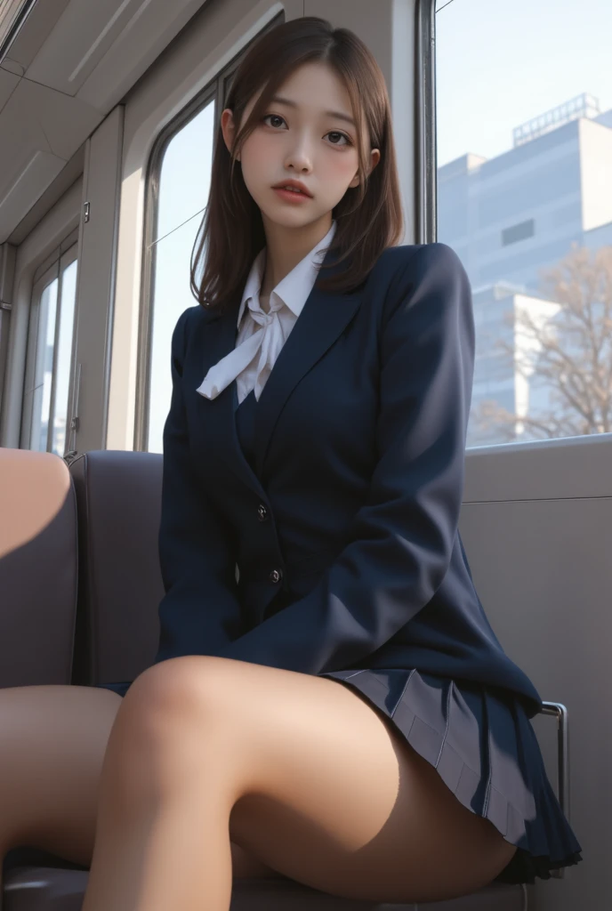 Train_women sitting_chair under_skirt underwear panties_visible pantyshot glowing thighhighs、((masterpiece)), ((Highest quality)), ((High resolution)), subway、OL、In a suit、Large Breasts、Big Tits、Very large breasts、soaked、The clothes are see-through、emwt