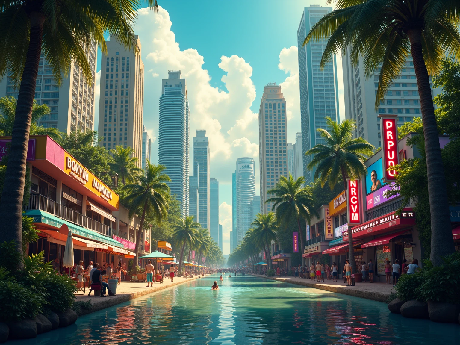 Create a river boardwalk with Cuban royal palms and decorative fish tanks