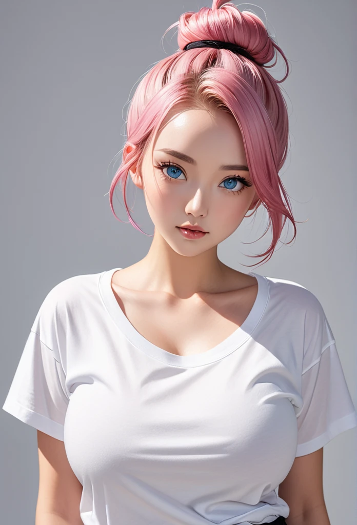 masterpiece, highest quality, a cute girl, blue eyed, pink and long hair, breast, Wearing a t-shirt, gamer, by style of onii kei, dreamy and romantic, light gray and light amber, jagged edges, light teal and light red, timeless beauty, 8k