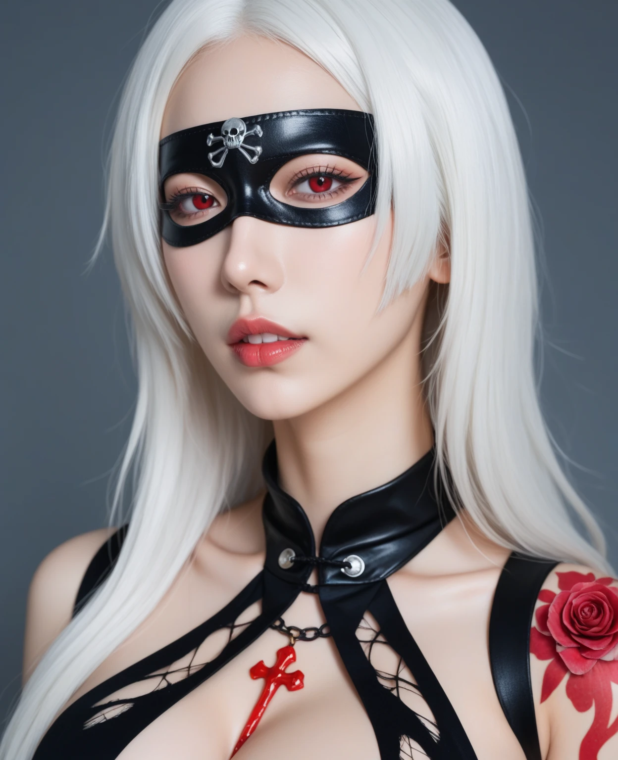 Crimson and black ink painting, perfect face, gothic, solo 1girl, bondage outfit, solo, spikes, spiked collar, black flower, whip, collar, hair ornament, long white hair, heart, thigh highs, huge breasts, bdsm bikini, bondage straps , gloves, holding whip, monochrome, (mouth mask:1.5), looking at viewer, navel, DO-S from manga "one punch man”, medium shot, art by Yusuke Murata, manga style, (embedding:art,rfktr_bwmnga1.4)