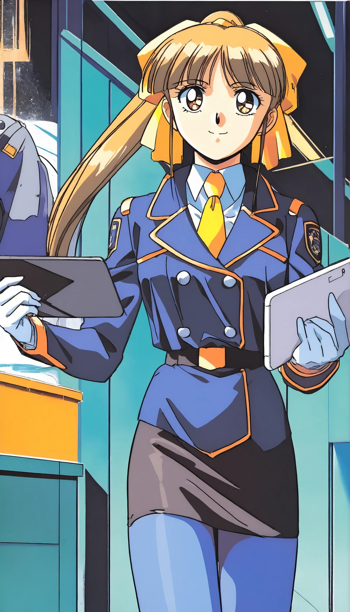 score_9, score_8_up, score_7_up,1990s \(style\),anime coloring,masterpiece,best quality,good quality,BREAK,1girl,solo,yuki,hair_ribbon,police uniform,jacket,long sleeves,yellow necktie,white gloves,pencil skirt,blue pantyhose,boots,BREAK,kind smile,standing,holding tablet,BREAK,office,cowboy shot,looking at viewer
