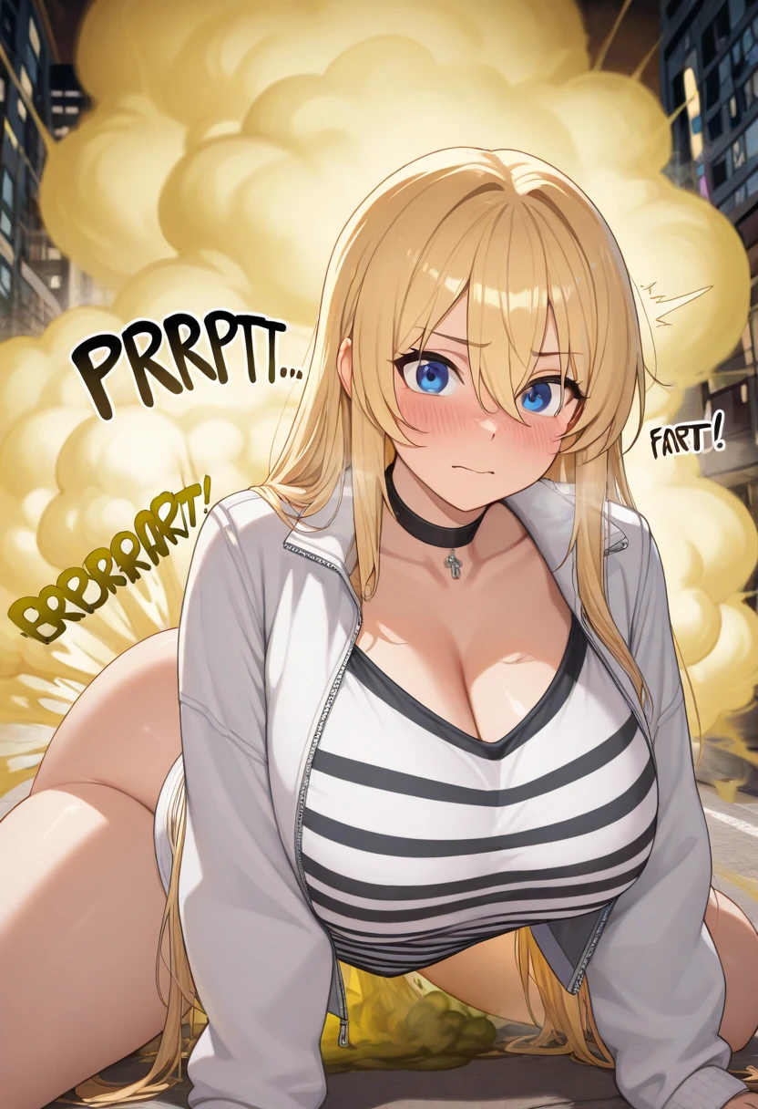 masterpiece, super details, best quality, (beautiful gyaru, nude), ponytail, bouncing breast, (run away, running, knee up), despair face, school gate, (night, dark sky), cowboy shot, motion lines, motion blur