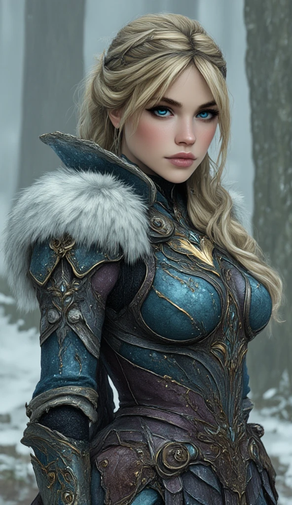 A blonde woman, (glowing blue eyes), she wears (shiny dark blue armor) with gold trim, reflective surface, intricate details, Viking helmet covers her head, boob window. Stern expression, fists clenched by her sides. (detailed hands and fingers, gold gauntlet). show her walking through a snowy forest, slowly falling snow flakes