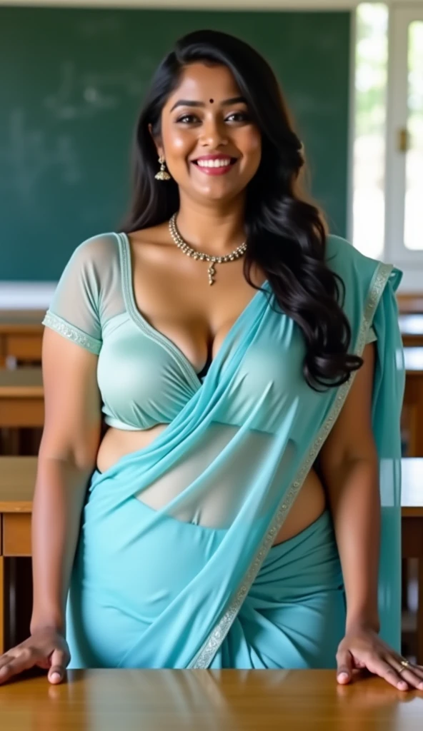 Day scene, full body photo of a plus sized 23 year old indian with a man from top view, (Masterpiece, Best Quality, High Resolution), class room Background, (cum Splash on her breasts and face, cum Splash on her face, Splash of cum, cum Splash on her blouse, cum Splash on her eys), Sweet 35 year old South indian teacher sitting on a class room chair with a man, hour glass body red lips, blue colour silky saree, lightly makeup,ultra realistic, realistic, look at viewer (cinematic:1.3), intricate details, 