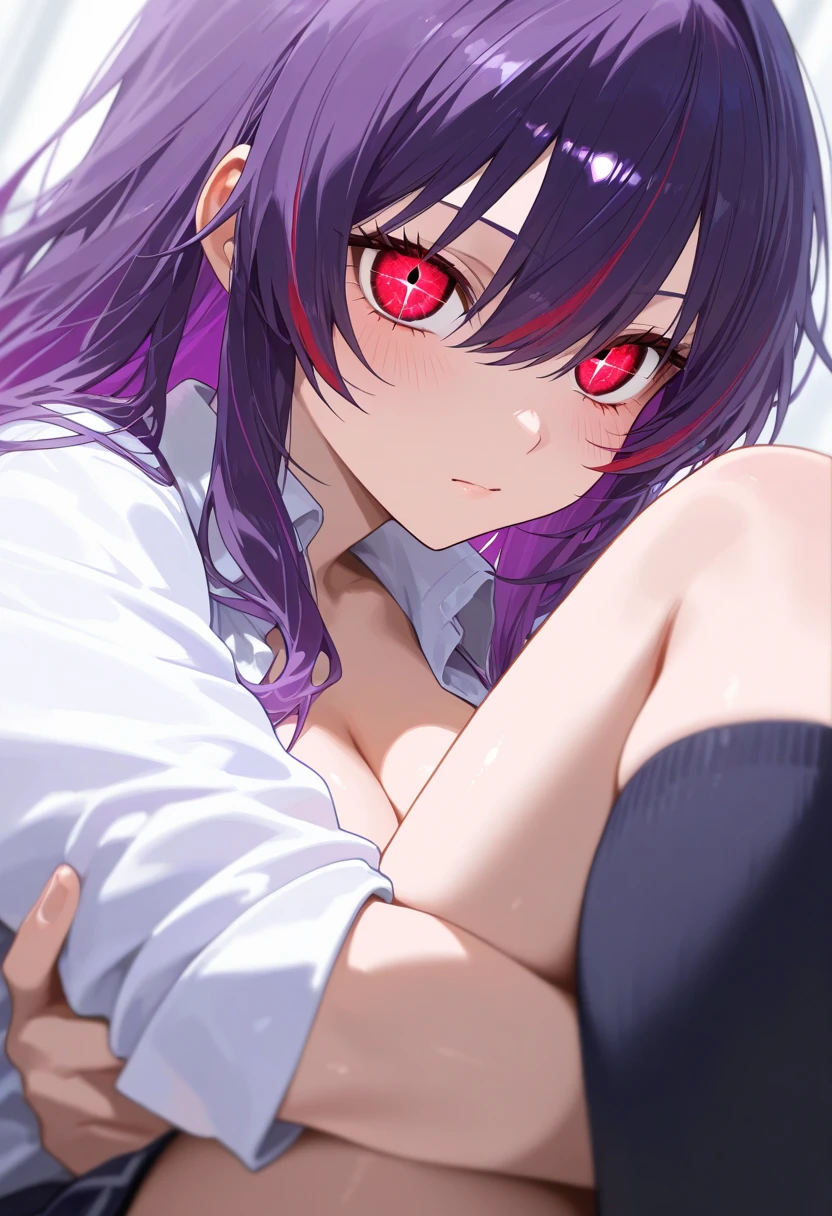1female,purple hair,long hair,swept bangs,red eyes,tareme,large breasts,smile,upper body,underwear only,lying on bed,bed invitation,side view,looking at viewer,midnight,blue theme