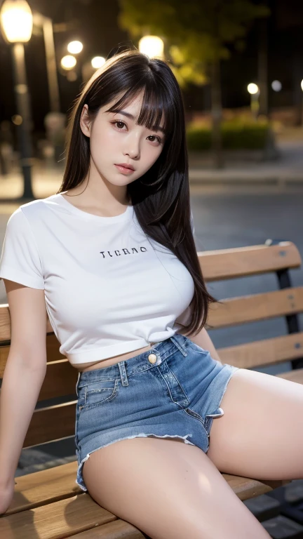 Highest quality、8k、Junior high school girl、Big Breasts、one piece、Denim shorts、Black knee-high socks、Leg spread