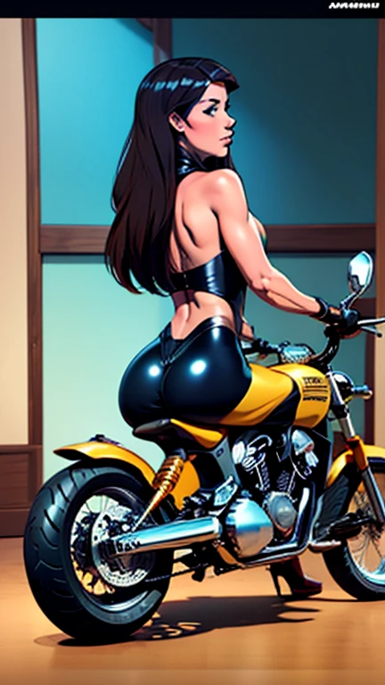 Highest image quality, outstanding details, ultra-high resolution, (realism: 1.4), the best illustration, favor details, highly condensed 1girl, with a delicate and beautiful face, dressed in a black and yellow mecha, wearing a mecha helmet, holding a directional controller, riding on a motorcycle, the background is a high-tech lighting scene of the future city. Batgirl , full body