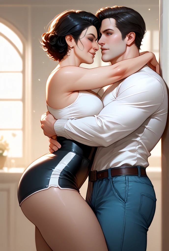 ((multiple medium thick body mature women age 40 American milf super model)) wearing long sleeve shirt dress cloth waist band, (show bare breasts and nipples hanging out, show thong panties) patio daytime, ((( 1woman sit on top of 1man, breasts smothering face, head between breasts side view))), smiling blushing, sofa patio outdoors