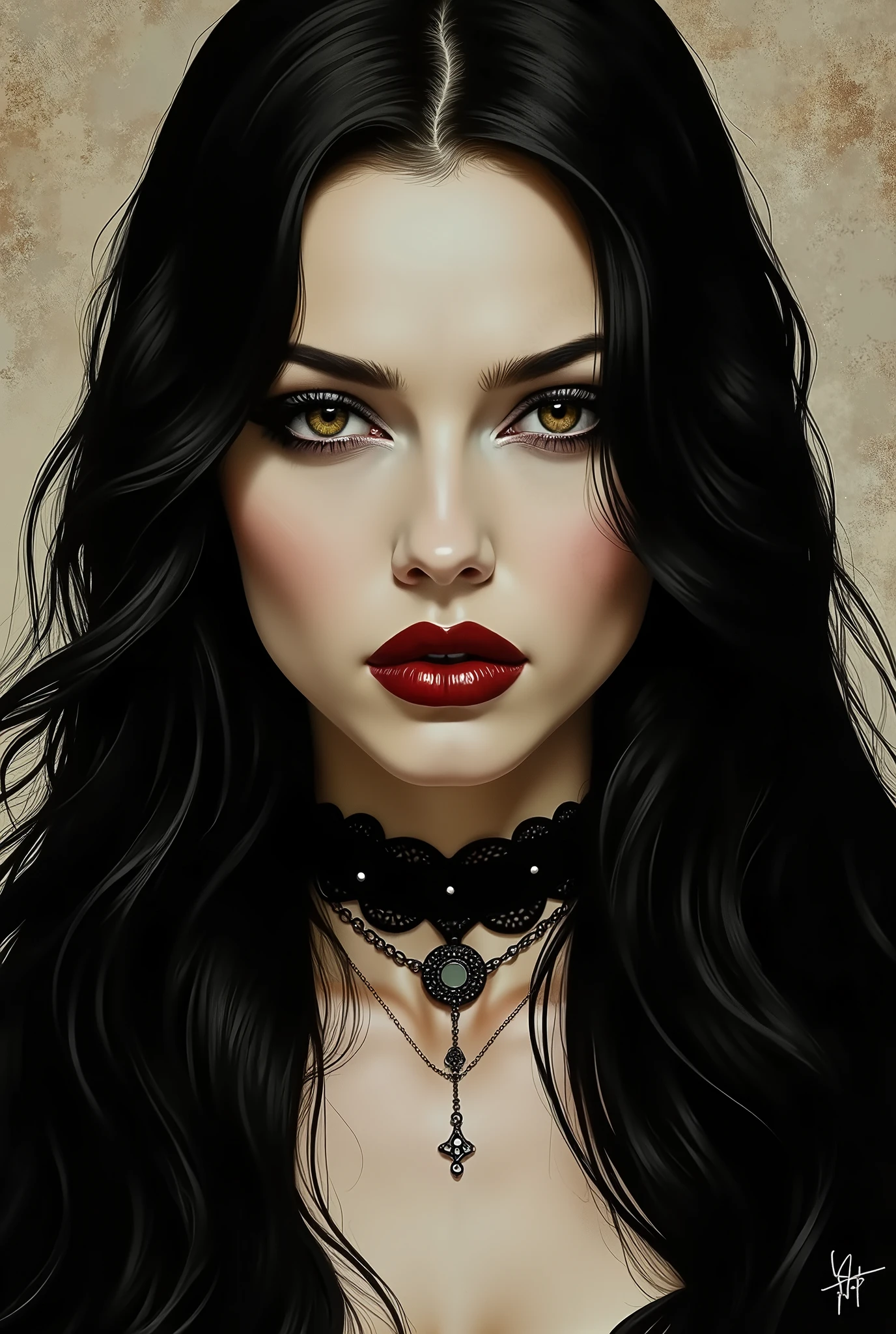 A hyper-detailed digital painting, front-facing portrait of a gothic woman inspired by Dana Dentata's appearance in the 'God Is a Weapon' music video. She stares directly at the viewer with a cold, intense gaze — dark, heavily lined almond eyes A frontal passport-style portrait of the most beautiful woman in the world, blending the striking facial features of Monica Bellucci with the legendary, glamorous beauty of Elizabeth Taylor. The face is perfectly symmetrical, with radiant, flawless skin, deep expressive eyes, and a confident, captivating expression. The background is neutral and simple to highlight the face, capturing both timeless elegance and modern allpiercing gaze, piercing face, evil face, looking directly at the viewer and high cheekbones create a powerful, unsettling aura. Her face is pale with flawless porcelain skin, framed by long black hair. Full lips painted in deep crimson, sharp black eyebrows, and dark ornamental makeup add to her dramatic look. She wears gothic accessories — black lace choker, facial piercings, and subtle occult symbols. Neutral or dark textured background. Cinematic lighting with high contrast shadows. Gothic glam aesthetic, moody, haunting, powerful