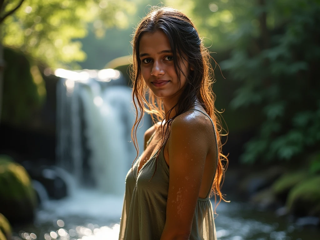 A girl with a close-up portrait, bathed in the best quality 4k, 8k, highres, masterpiece:1.2 enchanting golden dot. She has beautiful detailed eyes:1.1, with extremely detailed eyes and face:1.3, adorned with long eyelashes. Her beautiful detailed lips:1.1 complement her captivating eyes. The girl is depicted in a realistic style:1.37, inspired by the portraits of Jeremy Lipking and Antonio J. Manzanedo's digital paintings.

The girl is surrounded by a serene river, where she indulges in bathing, with rain pouring softly on her. The river is adorned with thick reeds, creating a picturesque scenery around her. The rainy setting adds a touch of serenity and tranquility to the overall atmosphere.

The lighting in the scene is backlit, creating an ethereal glow around the girl. This backlighting accentuates her features and adds a dreamy aura to the portrait. Additionally, the lens flare effect enhances the overall artistic composition, adding a touch of whimsy to the scene.

To further elevate the image quality, shade and bloom enhancements are applied, enhancing the visual depth and creating a sense of three-dimensionality. Chromatic aberration is subtly incorporated to add a touch of realism and artistic flair.

The color palette used in this portrait is inspired by Jeremy Lipking's portraits and Antonio J. Manzanedo's digital paintings, creating a harmonious blend of warm and cool tones that complements the overall ambiance of the scene.

Ultimately, this prompt aims to generate a high-quality, ultra-detailed, and photorealistic depiction of a girl with mesmerizing eyes and lips, bathed in the golden light of a rainy setting, surrounded by a river and reeds. The artistic style is influenced by the works of Jeremy Lipking and Antonio J. Manzanedo, resulting in a captivating and visually stunning composition.