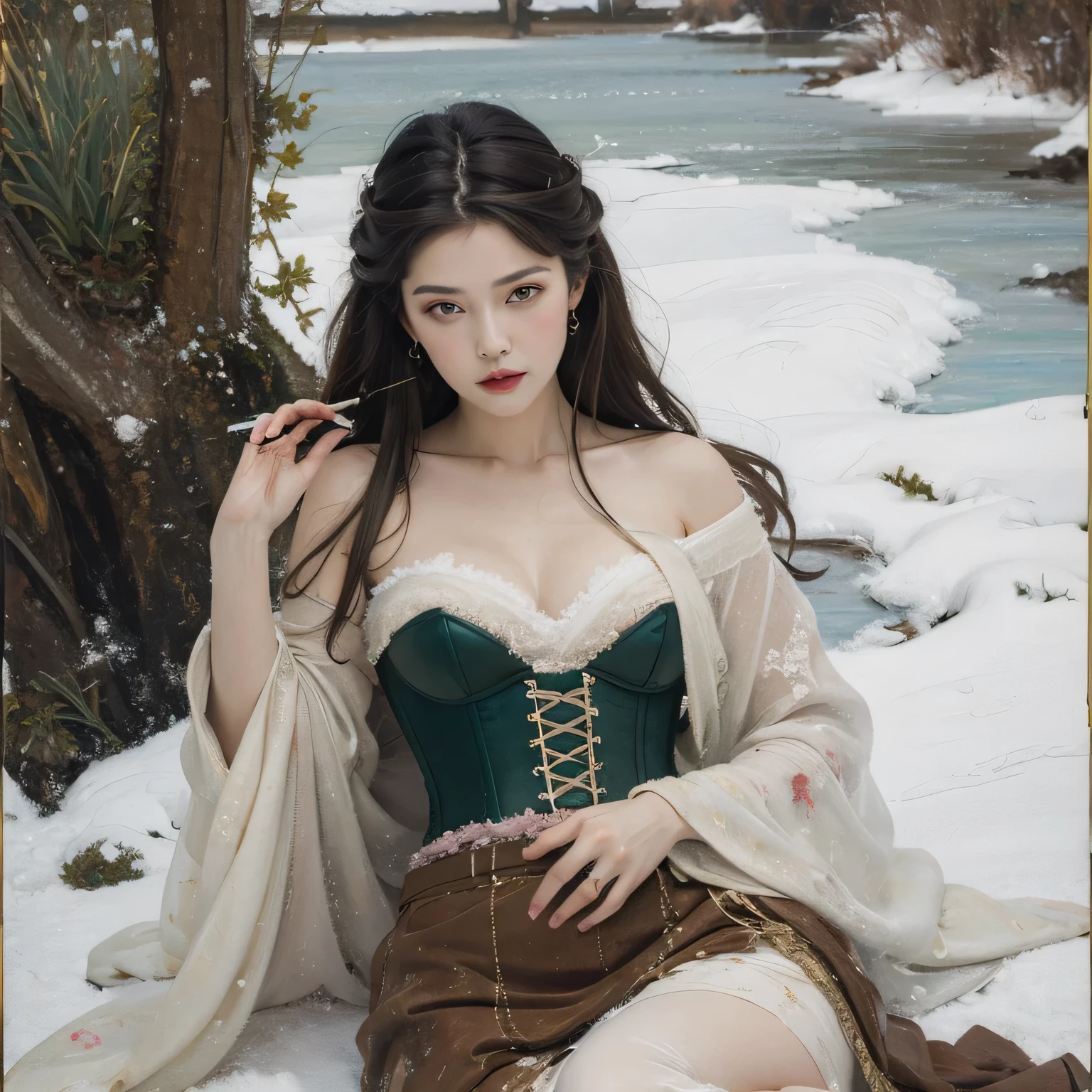 (Raw photo:1.2), (Photorealistic), Beautiful detailed girl, Very detailed eyes and face, Beautiful detailed eyes, Huge file size, High resolution, Very detailed, Best Quality, [masutepiece:1.6], Illustration, Very detailed, Fine detail, Best Quality, 8K Wallpaper, Movie Lighting, Christmas-themed female sage, Sorcerer, Fantasy,beautiful christmas mage, flowing magic underwear, magic bra, magic pants, beautiful wizard, carrying a magical staff, black - haired mage, Fantasy works, beautiful fantasy,  beautiful sorceress