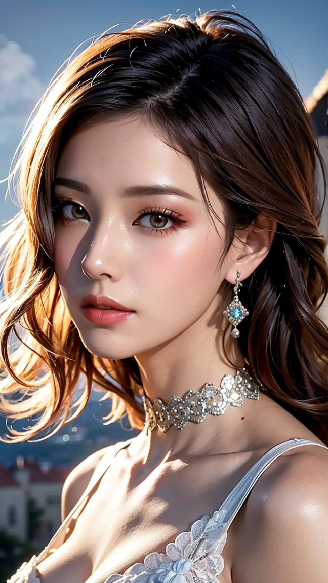 (1girl:1.35, 20-year-old), Realism, highest resolution, (highest quality realistic texture skin), ((highest quality realistic texture long black hair, (curly waves), highly intricately details:1.4)), ((perfect proportions)), ((anatomically correct), very small round head:1.4), ((full big firm breasts:1.3)), (the most absurdres  quality eyes), (((super detail natural beautiful cute sharp face)), extremely detail:1.3), (light pale complexion), (((clear no blur and sharp perfect round realistic brown_eyes:1.25)), highest detail:1.25), finely detailed pupils, detail lips:1.3, (long_blue_eyeliner), (pink_lipstick:1.1), ((perfect dark_eyeshadows:1.15)), (Detailed nose:1.2), (pale, dry skin:1.2), (Upper body shot), ((highly elaborate extravagant microscopic street outfit:1.25)), perfect composition, ((look at the viewer)), Hasselblad, 130mm f/8.0, a beautiful Pacific Ocean view with palm trees is in the background, (Cowboy Shot:1.1)), (efficient subpixel, subpixel convolution, luminescent particles, anisotropic filtering, ((Depth of the bounds written, maximum clarity and sharpness)), Accurate simulation of light and material interactions),